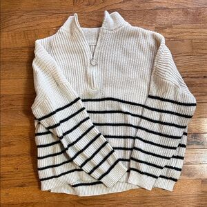 SHEIN Cream and Black Striped Cowl Neck Sweater